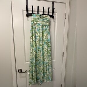 Floral Strapless Maxi Dress - Green and White